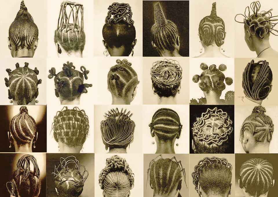 Collage of diverse African hair braiding styles showcasing intricate patterns and creative designs, representing the rich cultural and historical significance of braiding traditions across various African communities