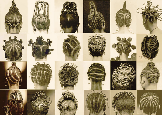 Collage of diverse African hair braiding styles showcasing intricate patterns and creative designs, representing the rich cultural and historical significance of braiding traditions across various African communities