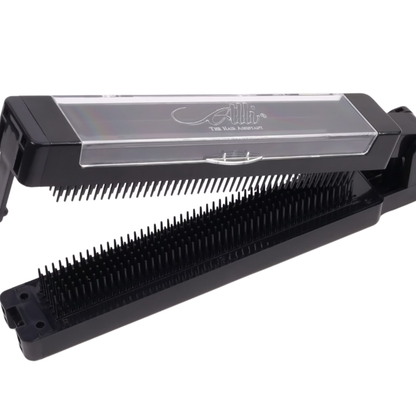 Alli Assistant with close-up view of the tool’s comb-like teeth, the braid assistant designed to grip hair securely for faster hair separating and hair extensions for styling.