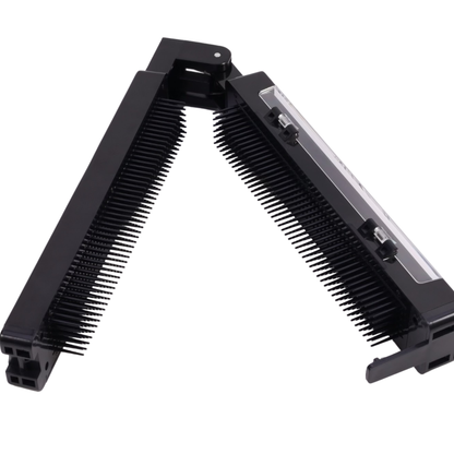 Overhead view of the fully extended Alli Styles Assistant, hair braiding tool, perfect pre-sectioned hair organizer for braid prep, used to separate and hold braiding hair.