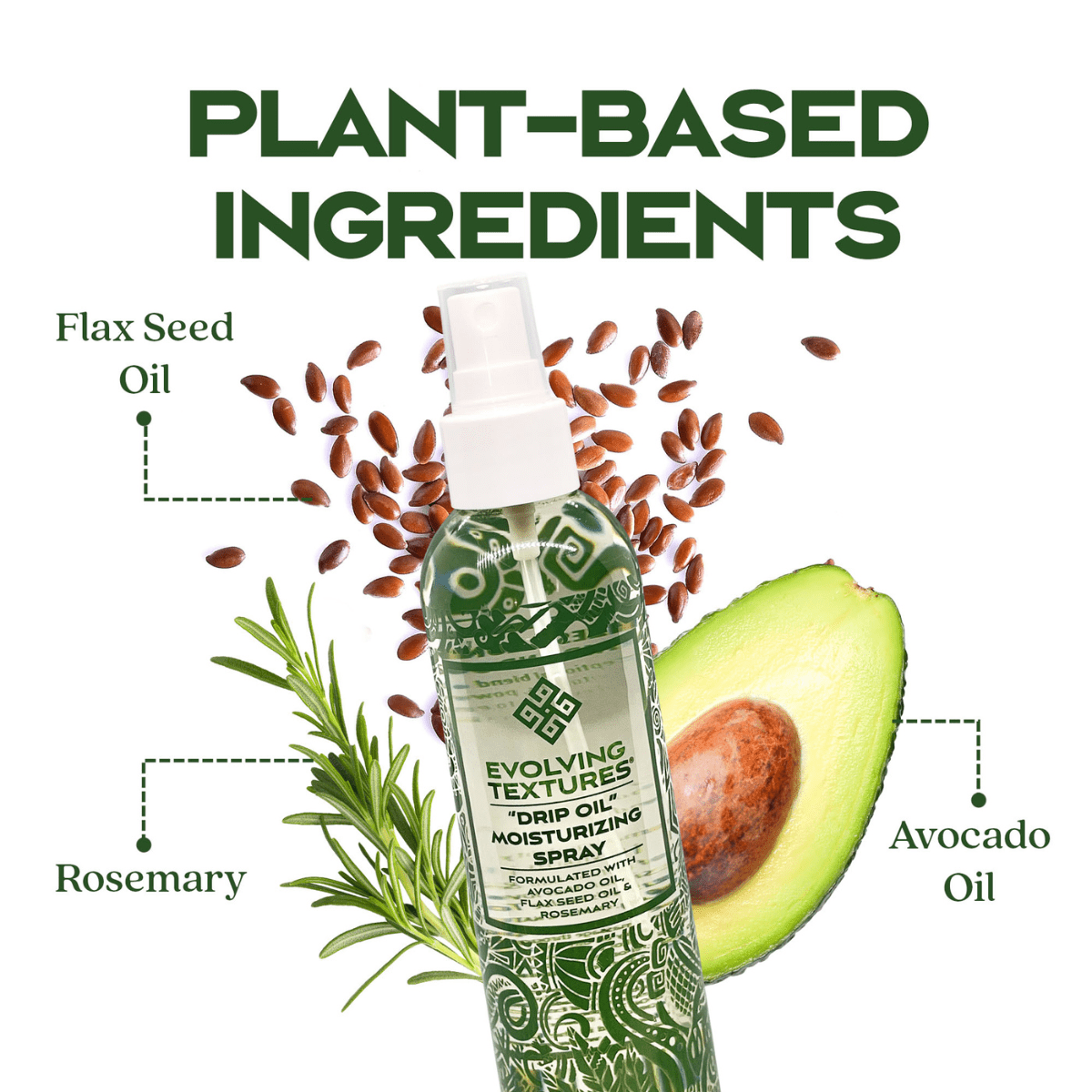 Drip Oil Spray with natural ingredients like Avocado Oil, Flaxseed Oil, Grapeseed Oil, Safflower Seed Oil, Rosemary Extract, and Vitamin E for lightweight, non-greasy moisture, hydrating oil.