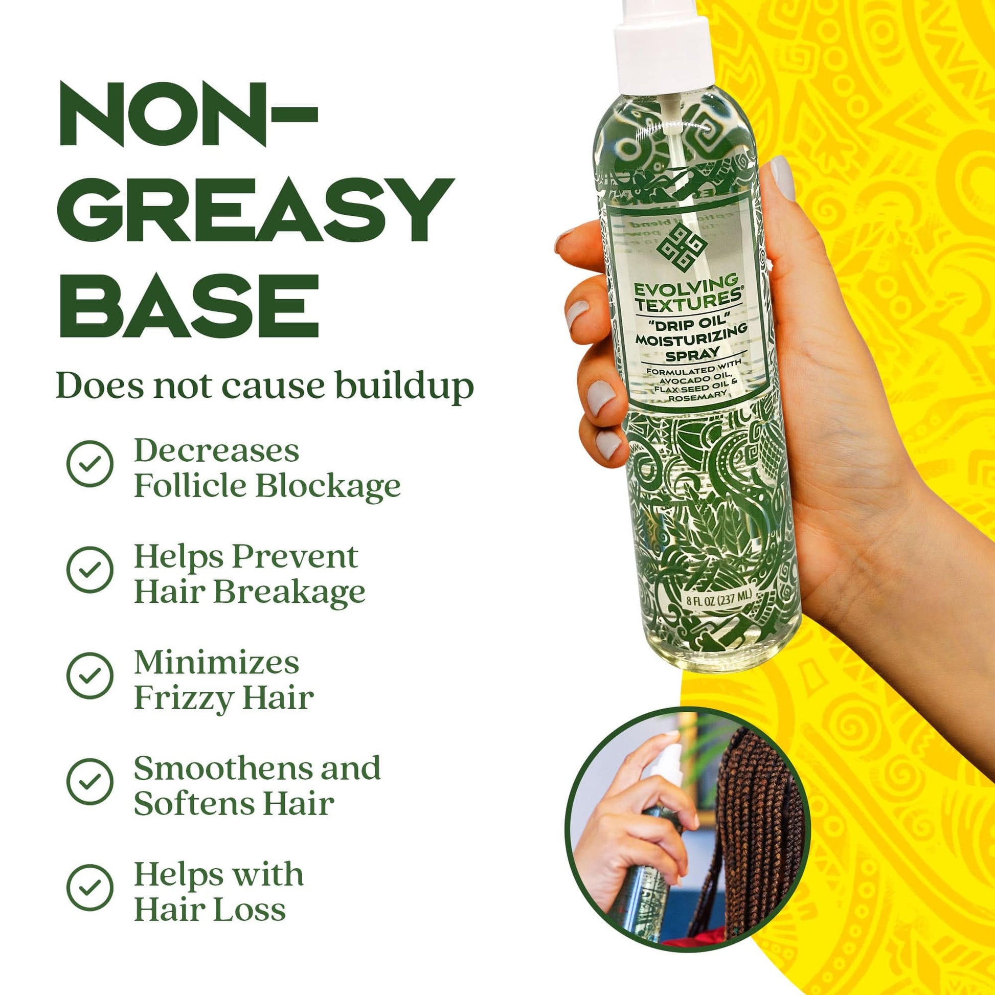 Non-greasy oil spray in hand, promoting follicle health, reducing breakage, and enhancing moisture retention for stronger, healthier hair, Hydrating Oil Treatment 8 oz