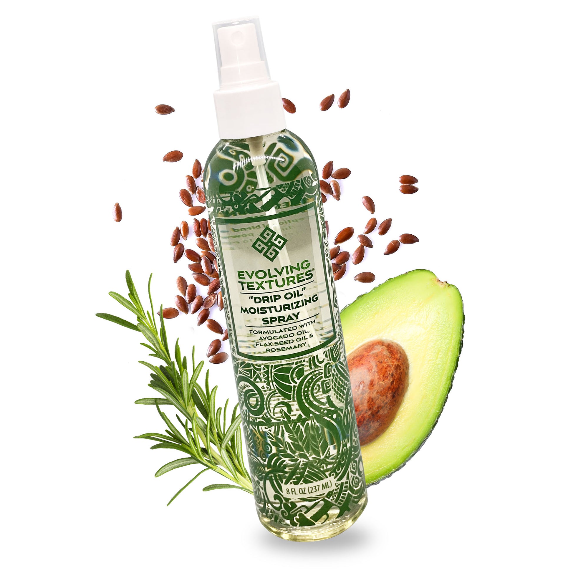 Evolving Textures Drip Oil Spray – oil spray for curly hair. Formulated with natural ingredients like avocado oil, flaxseed oil, and rosemary for deep hydration and scalp nourishment.