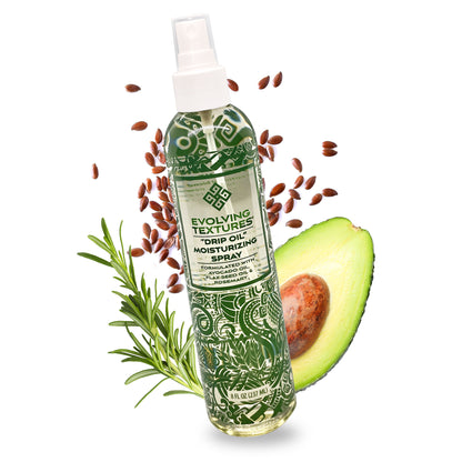 Evolving Textures Drip Oil Spray – oil spray for curly hair. Formulated with natural ingredients like avocado oil, flaxseed oil, and rosemary for deep hydration and scalp nourishment.