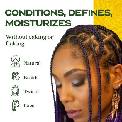 Remember Me Styling Foam – Lightweight, curl-defining mousse for textured hair, natural curls, and protective styles. Close-up of woman with neat, vibrant purple braids created using Evolving Textures O Gel, showcasing moisture-rich, frizz-free protective styling no flaking. Ideal for natural hair, braids, twists, and locs.