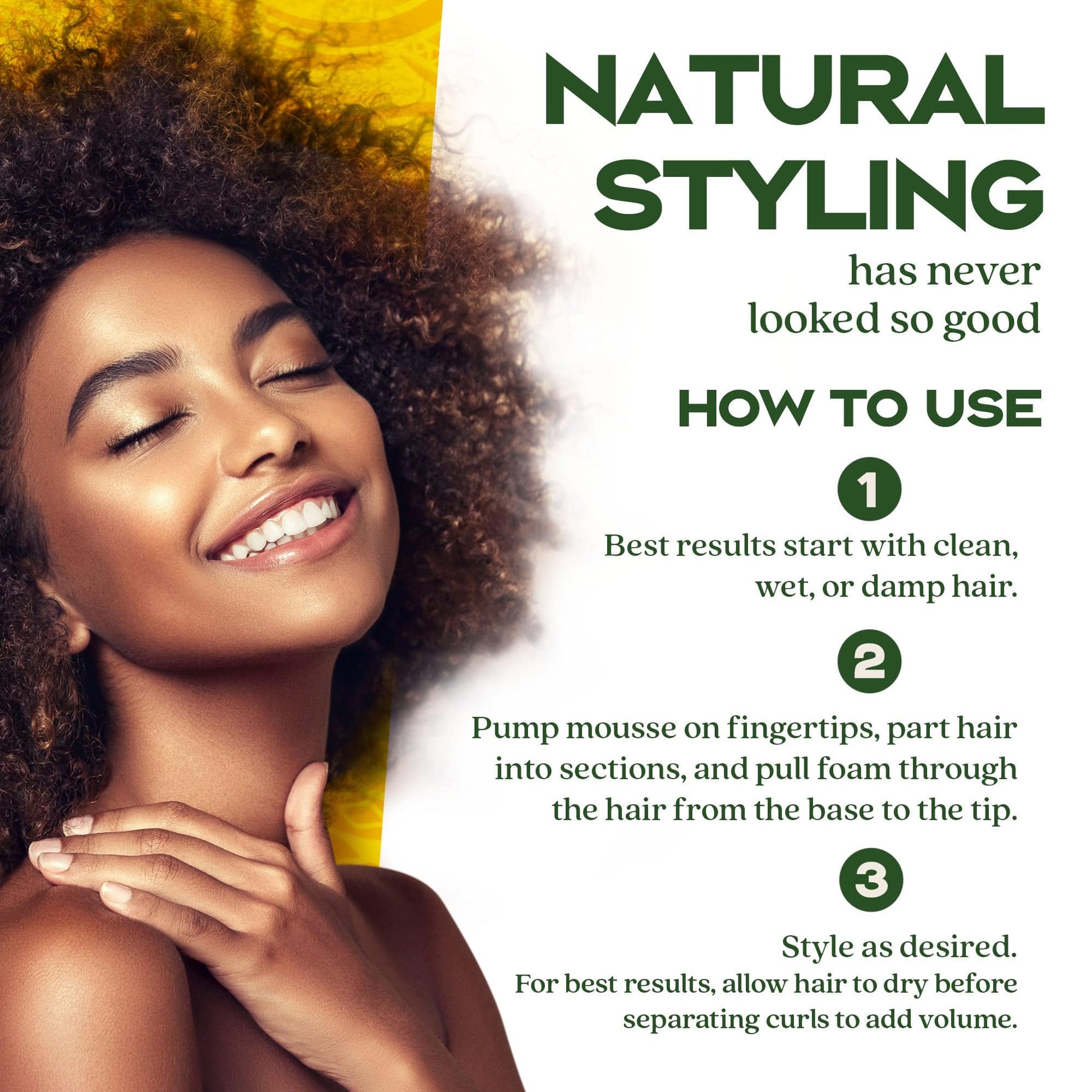Hair mousse for textured hair, curl definition without stiffness. Radiant, curly-haired woman embracing natural texture, with step-by-step guide for using Evolving Textures Remember Me Styling Mousse for defined, voluminous curls without buildup.