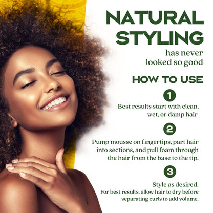 Hair mousse for textured hair, curl definition without stiffness. Radiant, curly-haired woman embracing natural texture, with step-by-step guide for using Evolving Textures Remember Me Styling Mousse for defined, voluminous curls without buildup.