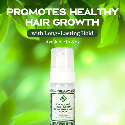 Non-toxic, plant-based sulfate free mousse and styling foam for natural hair. Remember Me Styling Foam for long-lasting hold and healthy hair growth. 8 oz bottle, perfect for natural curls and protective styles.