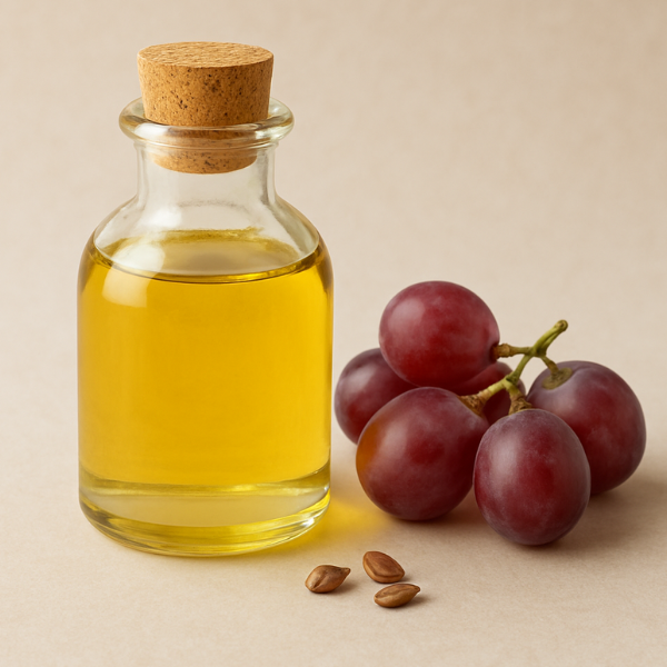 Clear glass bottle filled with golden grapeseed oil, surrounded by fresh grapes and seeds, representing a lightweight, nourishing oil for natural hair care.