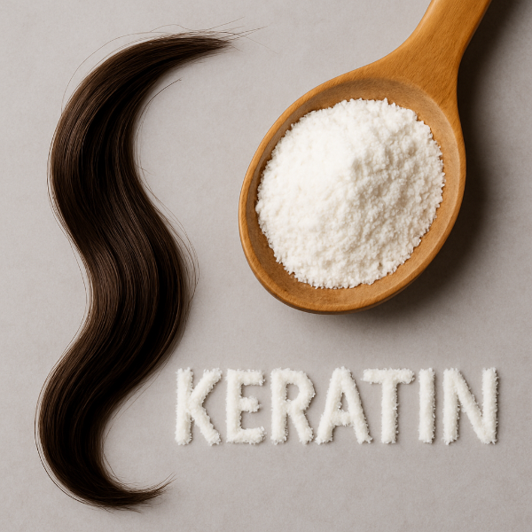 Wooden spoon filled with white keratin powder next to a dark brown hair lock, symbolizing strength and protein for hair repair.