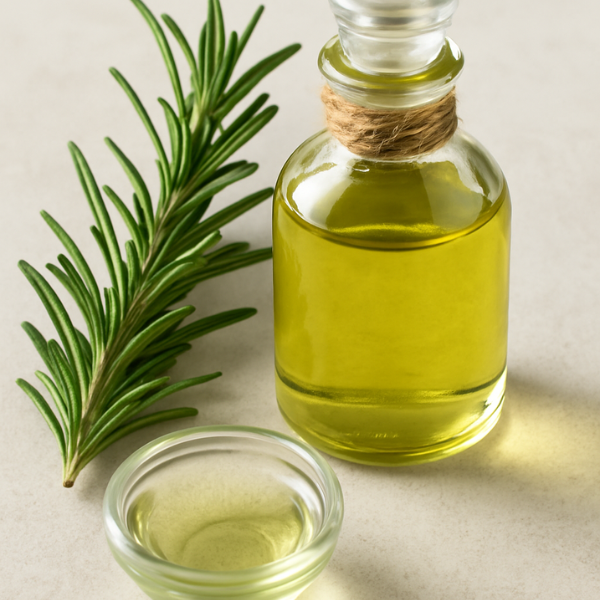 Small glass bottle of rosemary extract alongside fresh rosemary sprigs, highlighting the herb’s scalp-stimulating and hair-strengthening benefits.