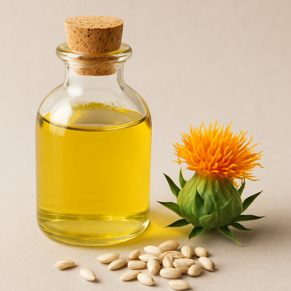 Amber bottle of safflower seed oil with bright safflower flowers and seeds, emphasizing lightweight hydration and moisture retention for hair and scalp.