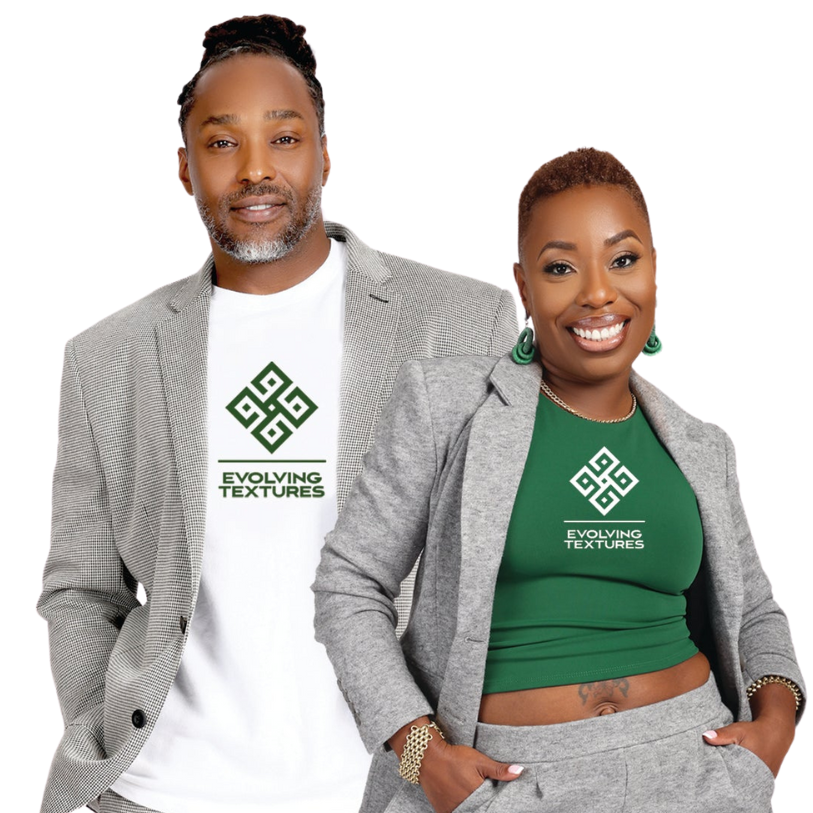 Nadra Smiley and Jerry Martin, Evolving Textures founders, wearing ET t-shirts