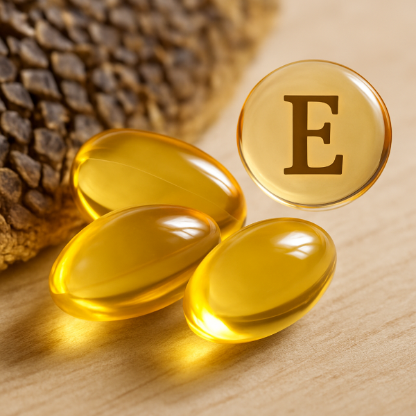 Close-up of golden vitamin E capsules on a natural wooden background, highlighting their antioxidant properties for promoting hair health and scalp protection.